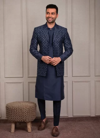 Blue Silk Embroidered Work Kurta Payjama with Jacket