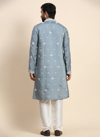 Blue Silk Embroidered Work Kurta Pyjama for Casual