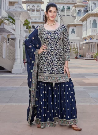 blue silk embroidered work readymade salwar suit for women 279060