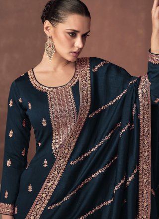 Blue Silk Embroidered Work Salwar Suit for Ceremonial