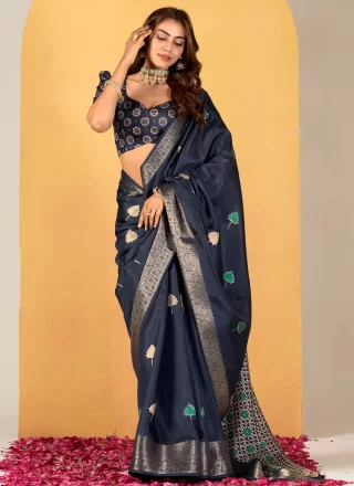 Blue Silk Foil Print Work Classic Saree