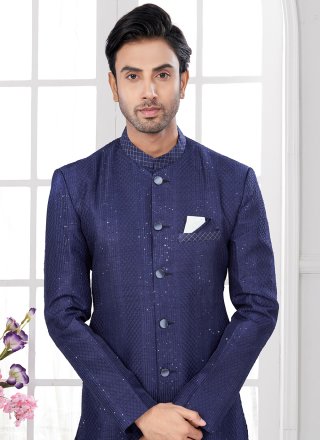 Blue Silk Indo Western with Machine Embroidery, Stone and Thread Work for Men