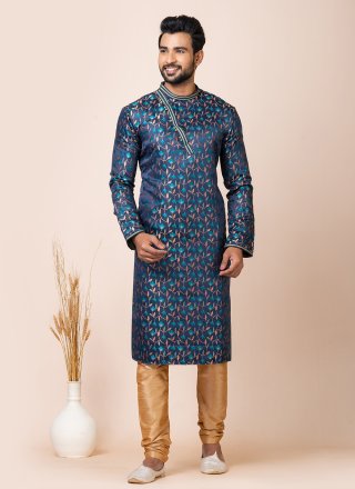 Blue Silk Jacquard Work Kurta Pyjama