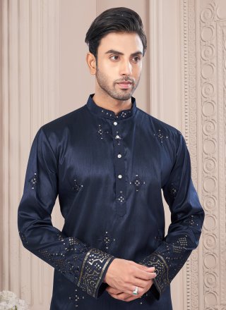 Blue Silk Kurta Mens Wear with Machine Embroidery and Thread Work for Casual