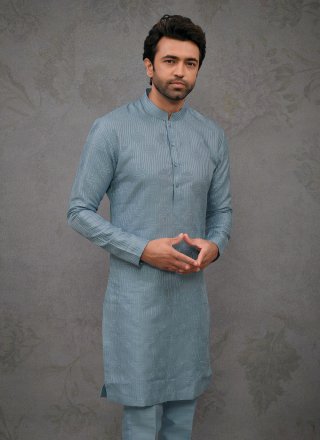 Blue Silk Kurta Pyjama with Embroidered Work