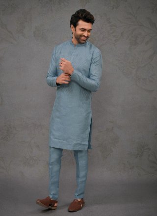 Blue Silk Kurta Pyjama with Embroidered Work