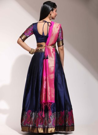 Blue Silk Lehenga Choli with Print Work