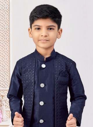 Blue Silk Machine Embroidery, Stone and Thread Work Indo Western Sherwani