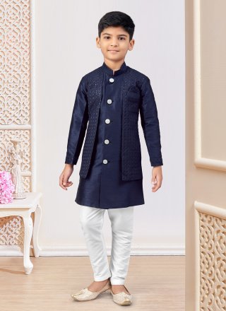 Blue Silk Machine Embroidery, Stone and Thread Work Indo Western Sherwani