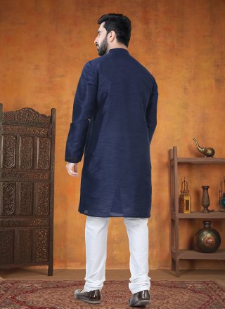 Blue Silk Patch Border Work Kurta Pyjama