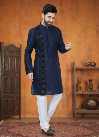 Blue Silk Patch Border Work Kurta Pyjama
