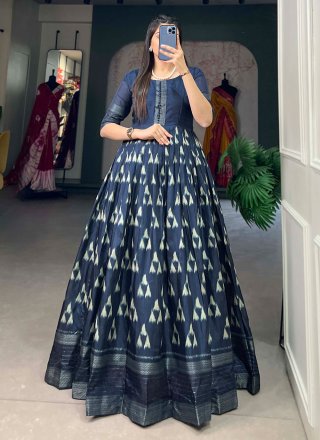 Blue Silk Print and Zari Work  Designer Gown