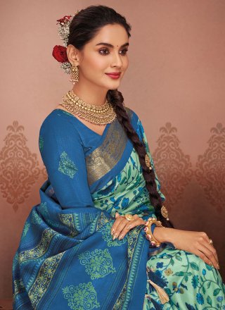 Blue Silk Print Work Classic Saree for Ceremonial