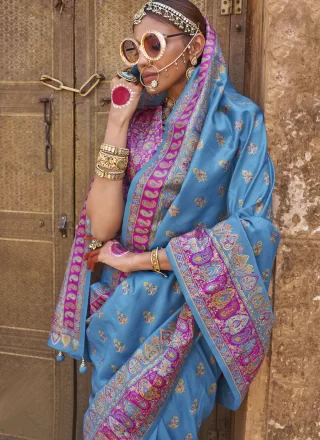 Blue Silk Print Work Traditional Saree for Ceremonial