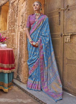 Blue Silk Print Work Traditional Saree for Ceremonial