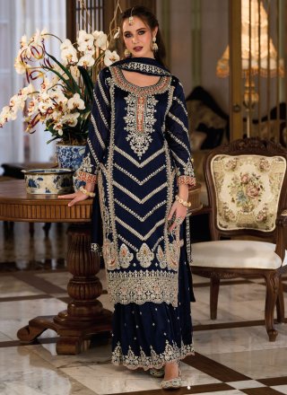 Blue Silk Readymade Salwar Suit with Embroidered and Mirror Work for Engagement