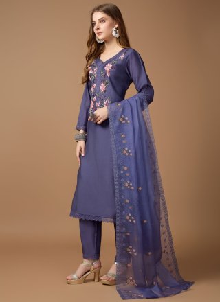 Blue Silk Readymade Salwar Suit with Embroidered Work