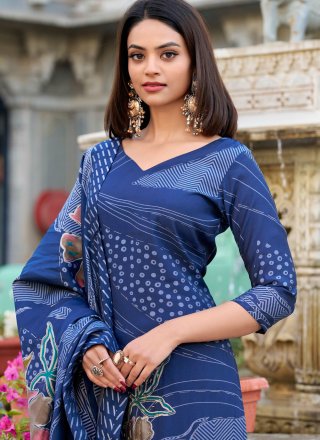 Blue Silk Salwar Suit with Beads and Floral Patch Work for Ceremonial
