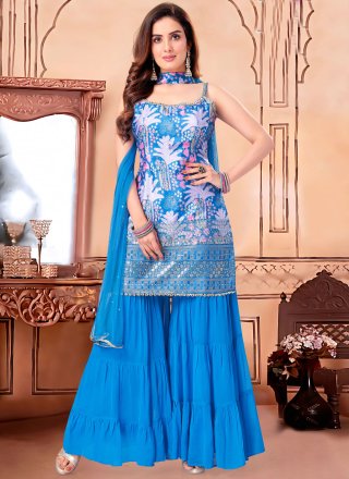 Blue Silk Salwar Suit with Digital Print and Embroidered Work