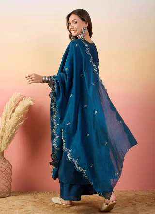 Blue Silk Salwar Suit with Embroidered, Thread and Woven Work for Women