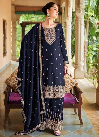 Blue Silk Salwar Suit with Embroidered Work for Festival