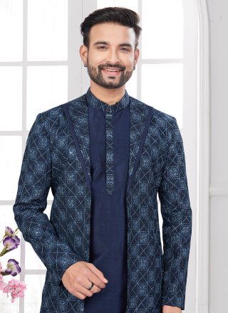 Blue Silk Sherwani Mens Wear with Buttons, Machine Embroidery and Thread Work for Men