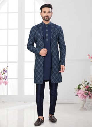 Blue Silk Sherwani Mens Wear with Buttons, Machine Embroidery and Thread Work for Men