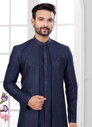Blue Silk Sherwani Mens Wear with Buttons, Machine Embroidery and Thread Work for Men