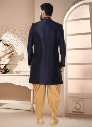Blue Silk Sherwani Mens Wear with Woven Work for Men
