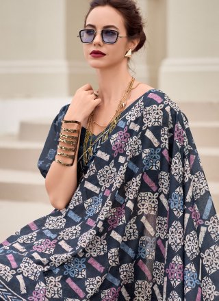 Blue Silk Traditional Saree with Print Work