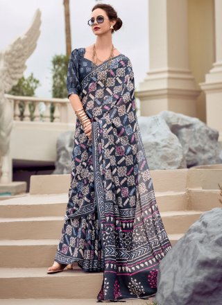 Blue Silk Traditional Saree with Print Work