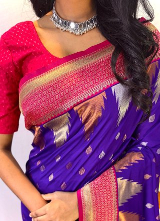 Blue Silk Traditional Saree with Print Work