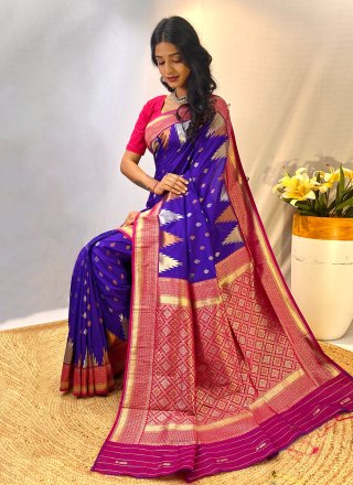Blue Silk Traditional Saree with Print Work