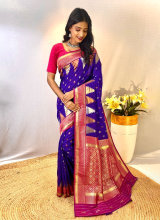 Blue Silk Traditional Saree with Print Work