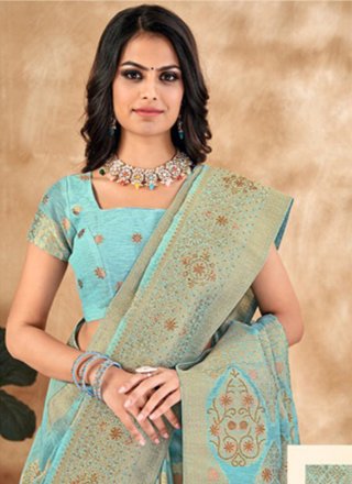 Blue Silk Trendy Saree with Embroidered, Foil Print and Stone Work for Women