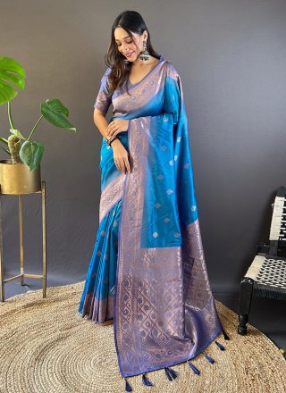 Blue Silk Weaving Work Casual Sari for Engagement