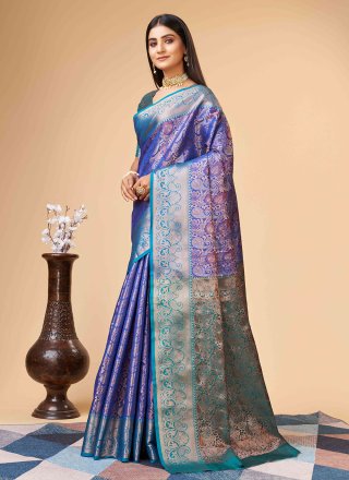 Blue Silk Weaving Work Contemporary Saree for Casual
