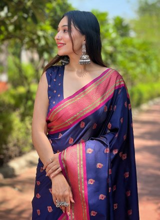 Blue Silk Woven Work Contemporary Saree for Festival