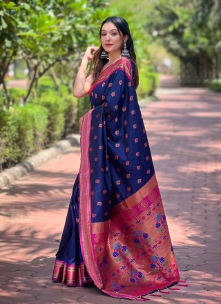 Blue Silk Woven Work Contemporary Saree for Festival