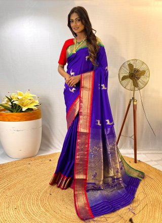 Blue Silk Woven Work Contemporary Saree for Women