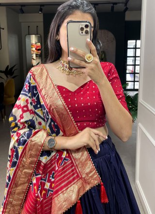 Blue Tussar Silk A - Line Lehenga Choli with Patola Print Work