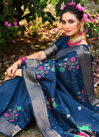 Blue Tussar Silk Contemporary Saree with Meenakari and Woven Work for Women