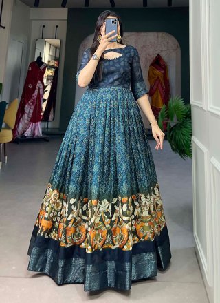 Blue Tussar Silk  Designer Gown