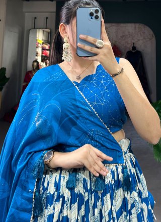 Blue Tussar Silk Floral Patch and Foil Print Work Lehenga Choli for Women