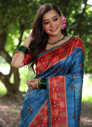 Blue Tussar Silk Patch Border and Print Work Trendy Saree