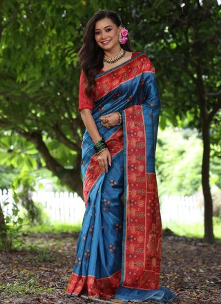 Blue Tussar Silk Patch Border and Print Work Trendy Saree