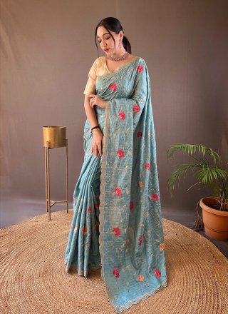 Blue Tussar Silk Traditional Saree with Embroidered Work for Ceremonial