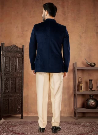 Blue Velvet Buttons Work Jodhpuri Suit for Engagement
