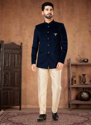 Blue Velvet Buttons Work Jodhpuri Suit for Engagement