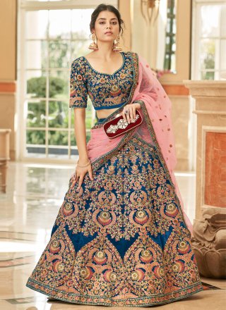 Blue Velvet Embroidered, Sequins, Thread and Zari Work Lehenga Choli for Ceremonial